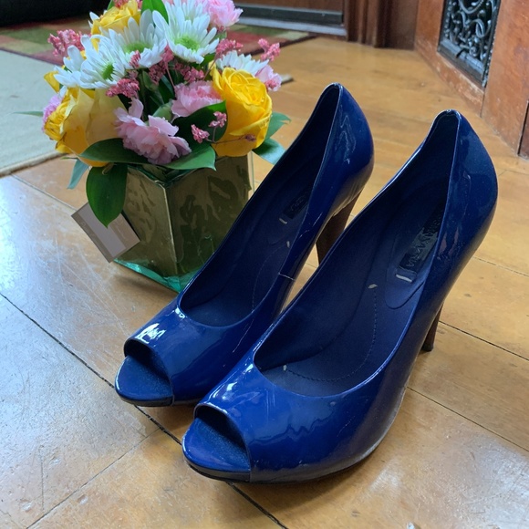 BCBG Patent Leather Blue Peep Toe Heels - Picture 1 of 6